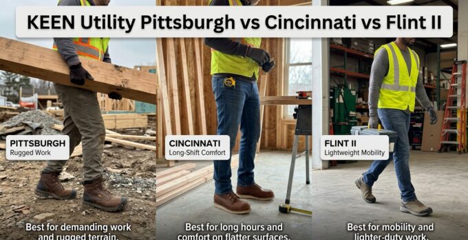 Comparison of KEEN Utility Pittsburgh, Cincinnati, and Flint II boots for work performance and comfort.