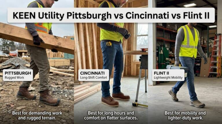 Comparison of KEEN Utility Pittsburgh, Cincinnati, and Flint II boots for work performance and comfort.