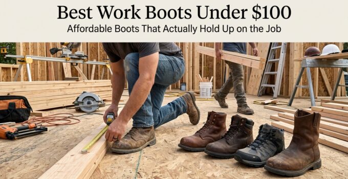 A person measuring a wooden plank on a construction site with several pairs of work boots displayed in the foreground.