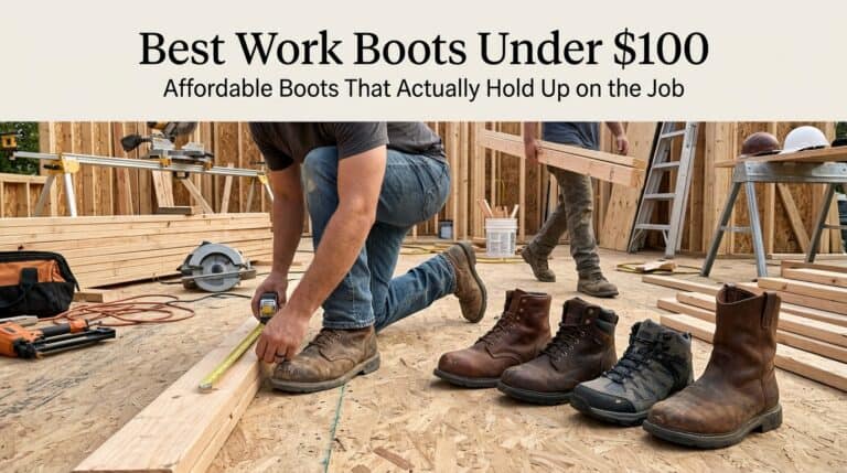 A person measuring a wooden plank on a construction site with several pairs of work boots displayed in the foreground.