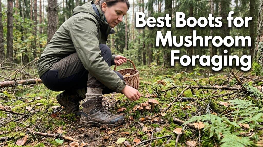Woman in outdoor forest setting wearing durable boots for mushroom foraging, holding a basket, surrounded by trees and forest floor.