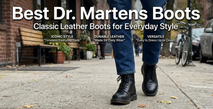 Close-up of classic black leather Dr. Martens boots worn on a city sidewalk, showcasing durability and style for everyday wear.