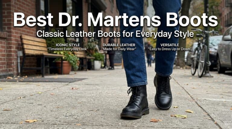 Close-up of classic black leather Dr. Martens boots worn on a city sidewalk, showcasing durability and style for everyday wear.