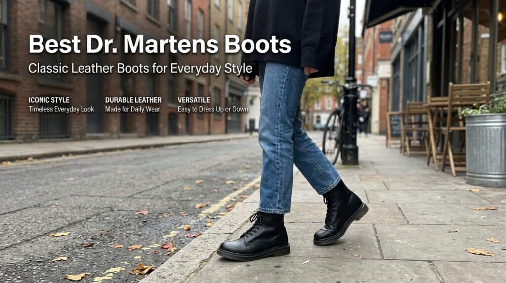 Close-up of black Dr. Martens leather boots worn by a person walking on a city sidewalk, showcasing durability and classic design.