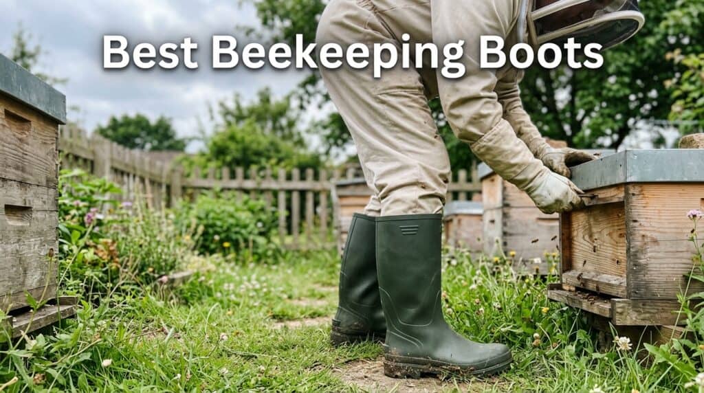 Close-up of a beekeeper wearing durable rubber boots while inspecting a beehive in a lush garden setting.