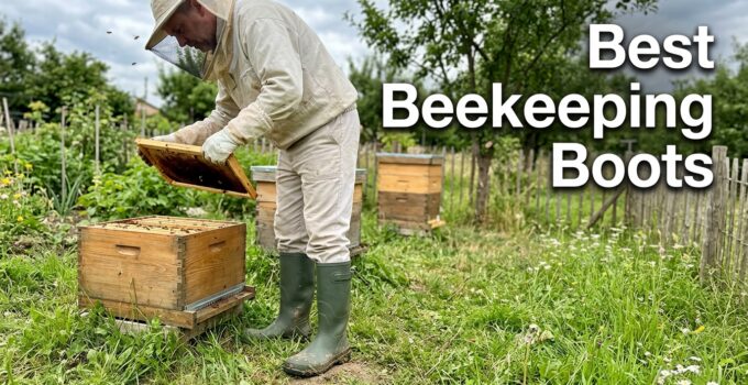 Beekeeper inspecting hive wearing protective boots in a lush garden setting, emphasizing safety and proper gear for beekeeping.