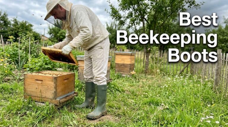 Beekeeper inspecting hive wearing protective boots in a lush garden setting, emphasizing safety and proper gear for beekeeping.