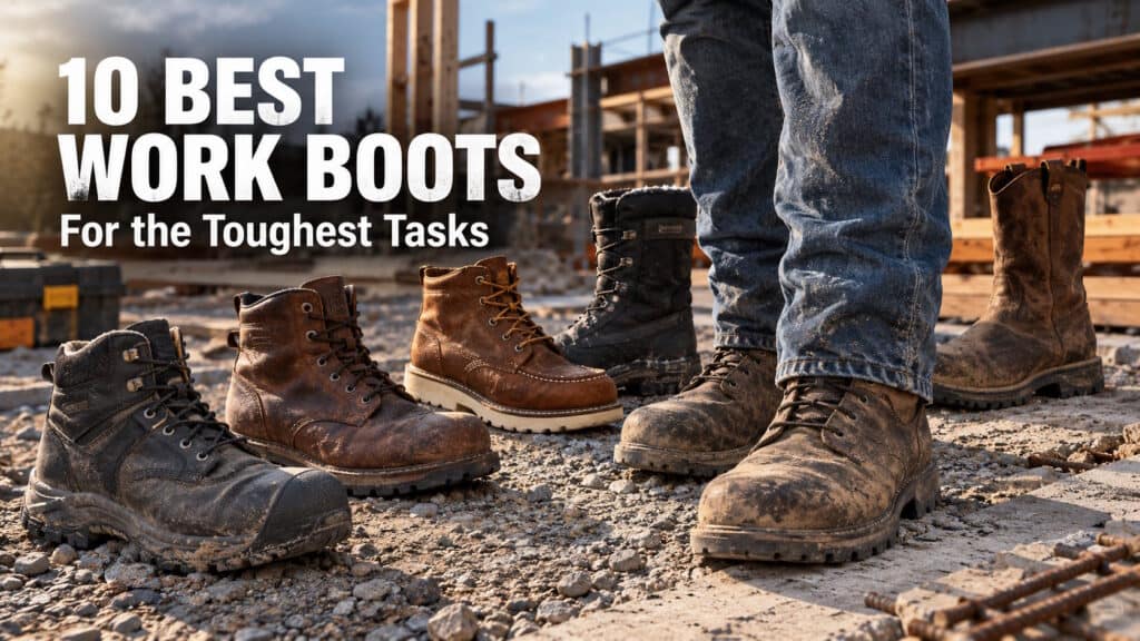 Selection of durable work boots suitable for construction and industrial jobs, showcasing different styles and safety features.