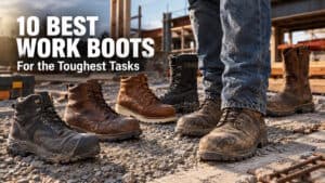 Selection of durable work boots suitable for construction and industrial jobs, showcasing different styles and safety features.