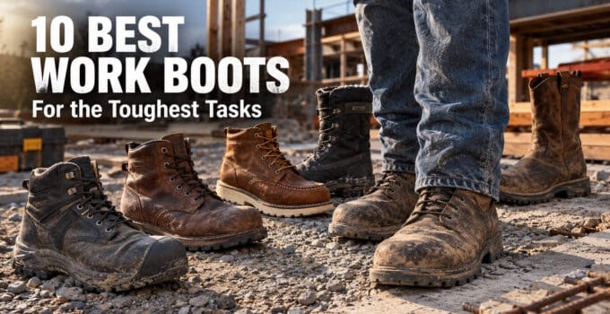 Selection of durable work boots suitable for construction and industrial jobs, showcasing different styles and safety features.