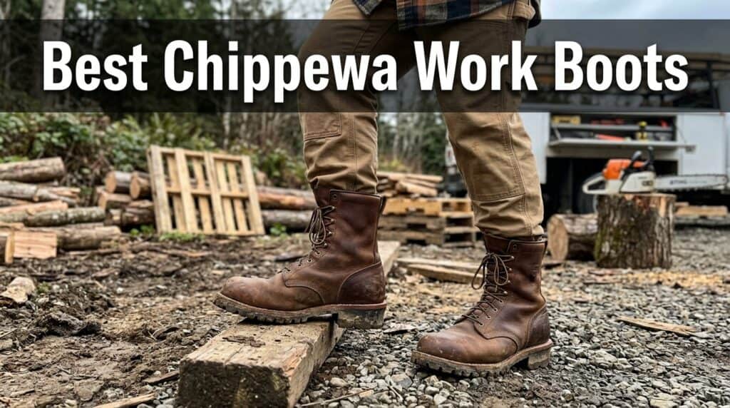 Close-up of rugged Chippewa work boots worn by a person standing on logs in a lumberyard setting, highlighting durability and craftsmanship.