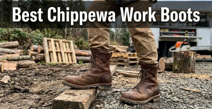 Close-up of rugged Chippewa work boots worn by a person standing on logs in a lumberyard setting, highlighting durability and craftsmanship.