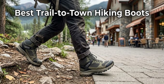 Close-up of rugged trail-to-town hiking boots on a hiker's feet, suitable for outdoor adventures and urban walks, with a mountain town background.