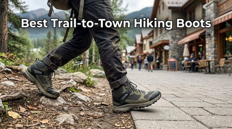 Close-up of rugged trail-to-town hiking boots on a hiker's feet, suitable for outdoor adventures and urban walks, with a mountain town background.