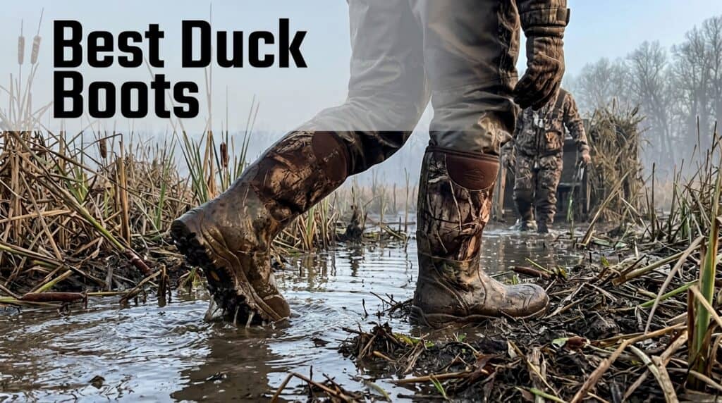 Close-up of waterproof duck hunting boots wading through marshy water with hunters in the background.