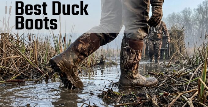 Close-up of waterproof duck hunting boots wading through marshy water with hunters in the background.