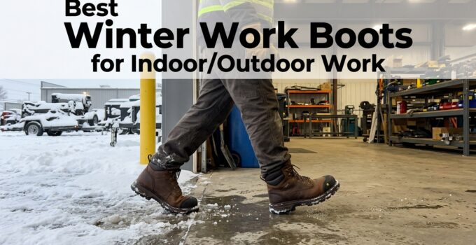 Person wearing insulated winter work boots walking on snow and concrete in a workshop setting, highlighting durability and warmth for indoor and outdoor work environments.
