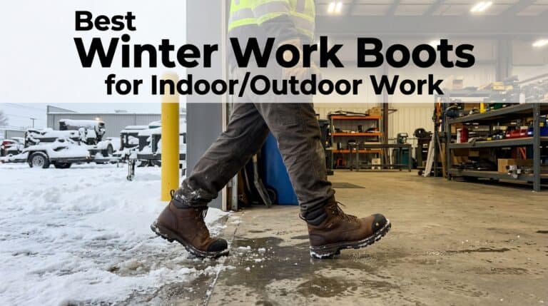 Person wearing insulated winter work boots walking on snow and concrete in a workshop setting, highlighting durability and warmth for indoor and outdoor work environments.