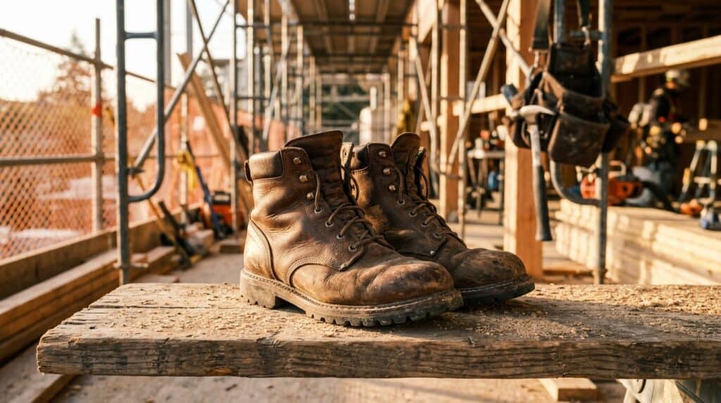 Pair of rugged, well-worn work boots on a construction site scaffold, highlighting durability and safety for tough job environments.