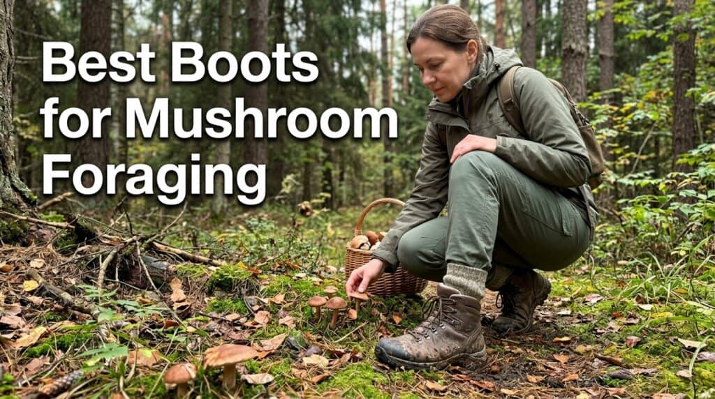 Woman in outdoor forest setting wearing durable hiking boots for mushroom foraging, crouching near ground with mushrooms and foliage.