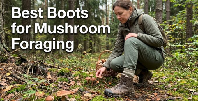 Woman in outdoor forest setting wearing durable hiking boots for mushroom foraging, crouching near ground with mushrooms and foliage.