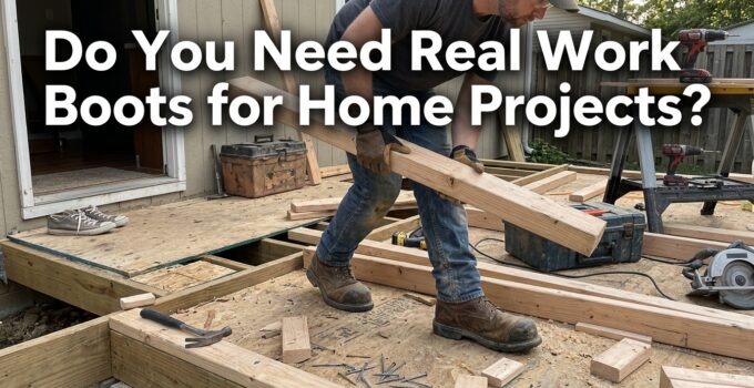 Man wearing durable work boots while building a wooden deck in a backyard workshop.