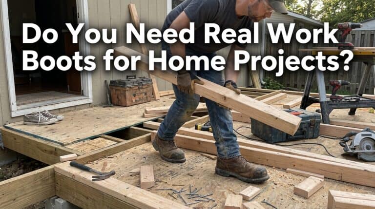 Man wearing durable work boots while building a wooden deck in a backyard workshop.