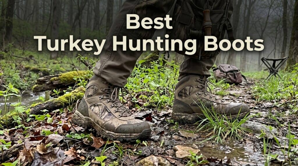 Close-up of durable turkey hunting boots on muddy forest ground with greenery and water, ideal for hunting in various terrains.