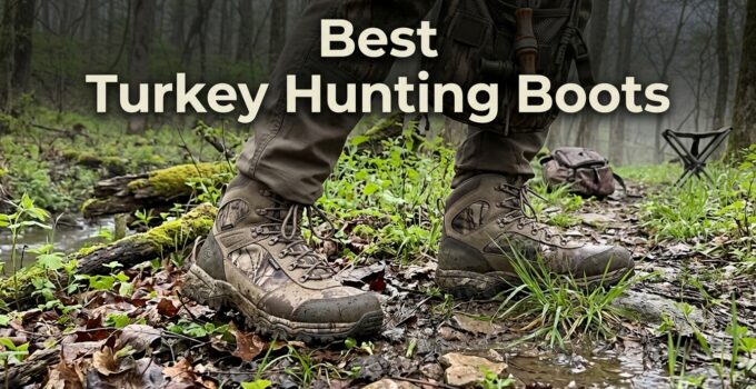 Close-up of durable turkey hunting boots on muddy forest ground with greenery and water, ideal for hunting in various terrains.