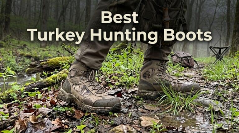 Close-up of durable turkey hunting boots on muddy forest ground with greenery and water, ideal for hunting in various terrains.
