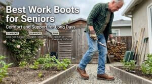 Senior man wearing durable work boots while gardening in backyard, emphasizing comfort and support for older workers.
