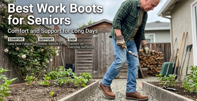 Senior man wearing durable work boots while gardening in backyard, emphasizing comfort and support for older workers.