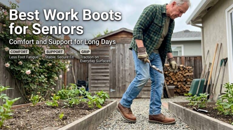Senior man wearing durable work boots while gardening in backyard, emphasizing comfort and support for older workers.