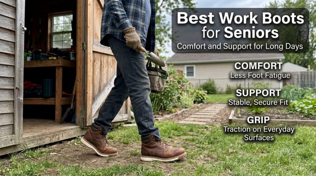 Close-up of a senior worker wearing sturdy work boots outdoors, holding a power drill, with a garden and shed in the background.