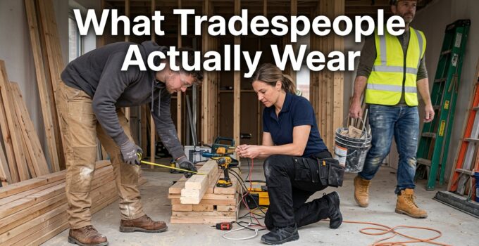 Tradespeople wearing safety gear and workwear on a construction site, including helmets, high-visibility vests, and durable boots.