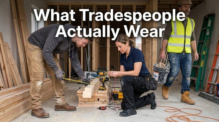 Tradespeople wearing safety gear and workwear on a construction site, including helmets, high-visibility vests, and durable boots.