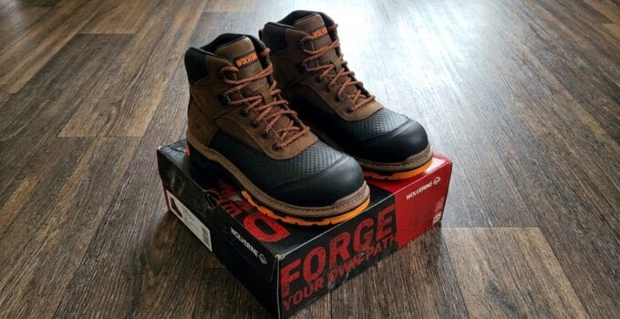 Wolverine Overpass composite toe waterproof work boots on the box, BootsGuru.com review