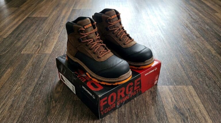 Wolverine Overpass composite toe waterproof work boots on the box, BootsGuru.com review