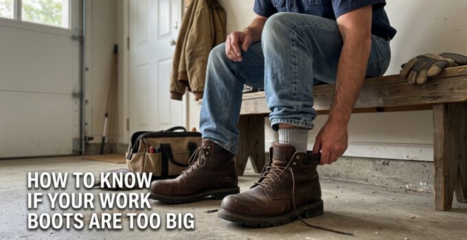 A person trying on work boots to check if they fit properly, sitting on a wooden bench in a workshop.
