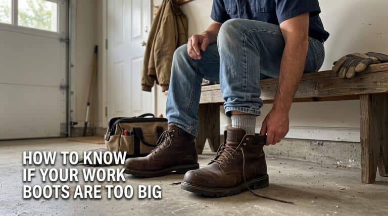 A person trying on work boots to check if they fit properly, sitting on a wooden bench in a workshop.