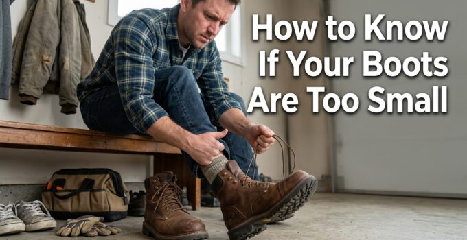 Man trying on work boots, checking fit to determine if they are too small, in a well-lit room with work gear in the background.