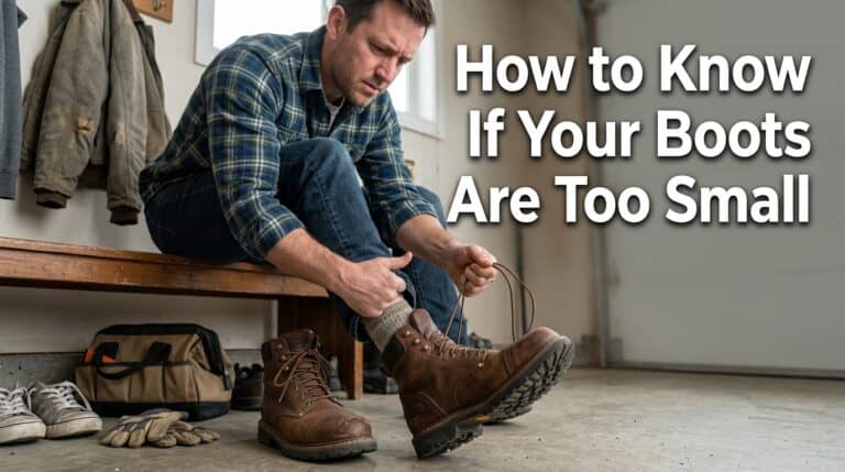 Man trying on work boots, checking fit to determine if they are too small, in a well-lit room with work gear in the background.