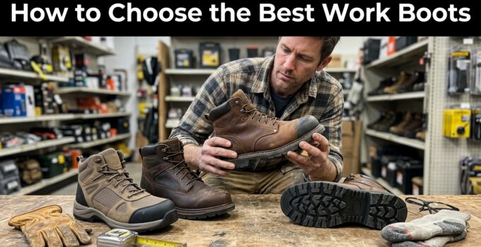 Man inspecting a pair of brown work boots in a hardware store, surrounded by various footwear and safety gear.