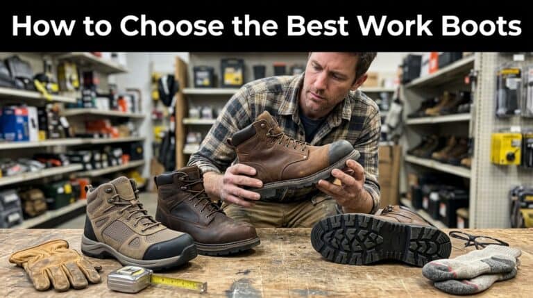 Man inspecting a pair of brown work boots in a hardware store, surrounded by various footwear and safety gear.