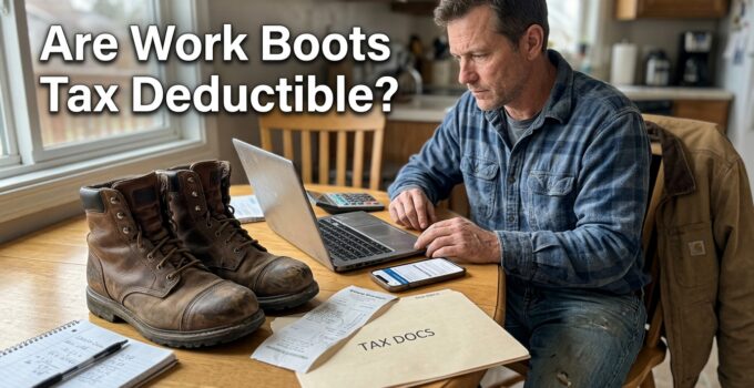 Man working on a laptop with a pair of work boots and tax documents on the table, discussing tax deductions for work boots.