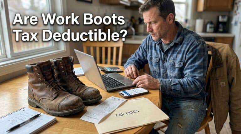 Man working on a laptop with a pair of work boots and tax documents on the table, discussing tax deductions for work boots.