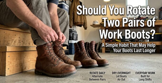 Man rotating two pairs of work boots to extend their lifespan and maintain comfort, as recommended by BootsGuru.com.