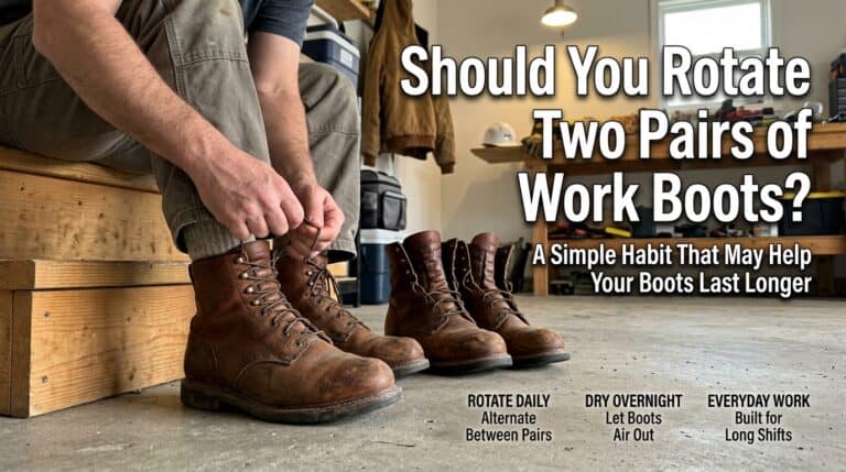 Man rotating two pairs of work boots to extend their lifespan and maintain comfort, as recommended by BootsGuru.com.