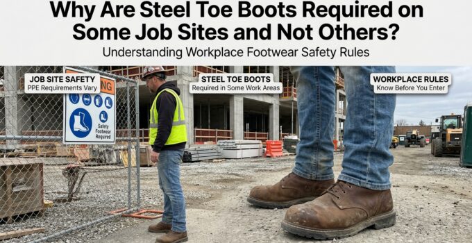 Close-up of steel toe boots worn by workers at a construction site, highlighting safety footwear requirements for certain job environments.