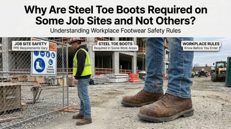 Close-up of steel toe boots worn by workers at a construction site, highlighting safety footwear requirements for certain job environments.